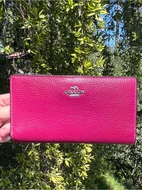 COACH Bifold Snap Wallet Womens Pink Pebble Leather Cardholder w Silver Hardware